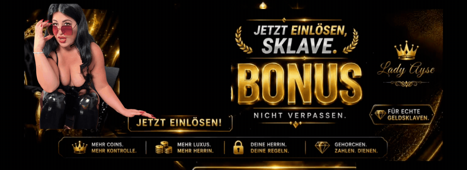 Luxuriöses Schwarz-Gold-Banner von Lady Ayse mit 40 % Bonusaktion und dem Hinweis ?Jetzt Bonus sichern?. Exklusive Aktion für registrierte Nutzer.